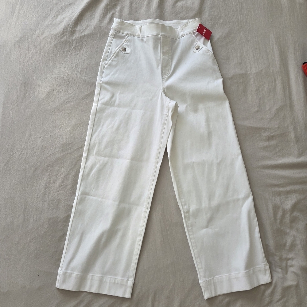 Spanx Stretch Twill Cropped Wide-leg In Bright White Size Medium